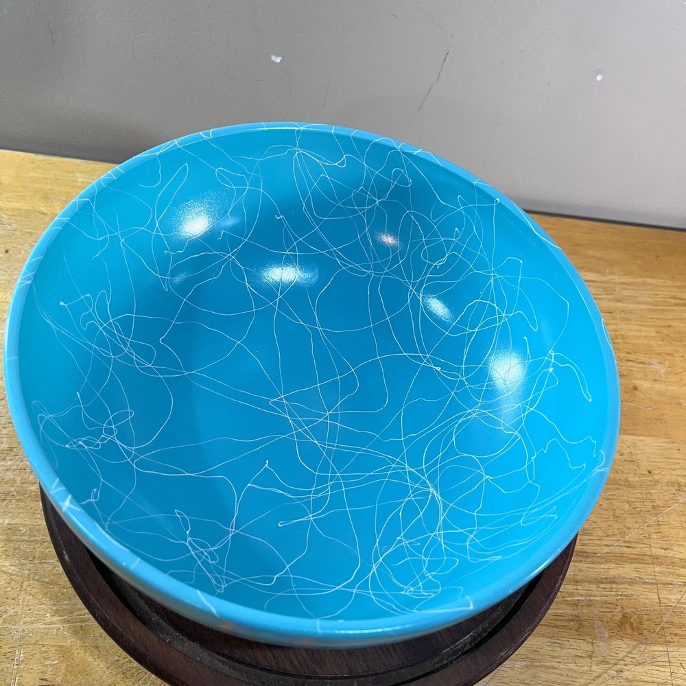 Vtg Hazel Atlas Turquoise Spaghetti Drizzle Milk Glass Mixing Bowl 10"